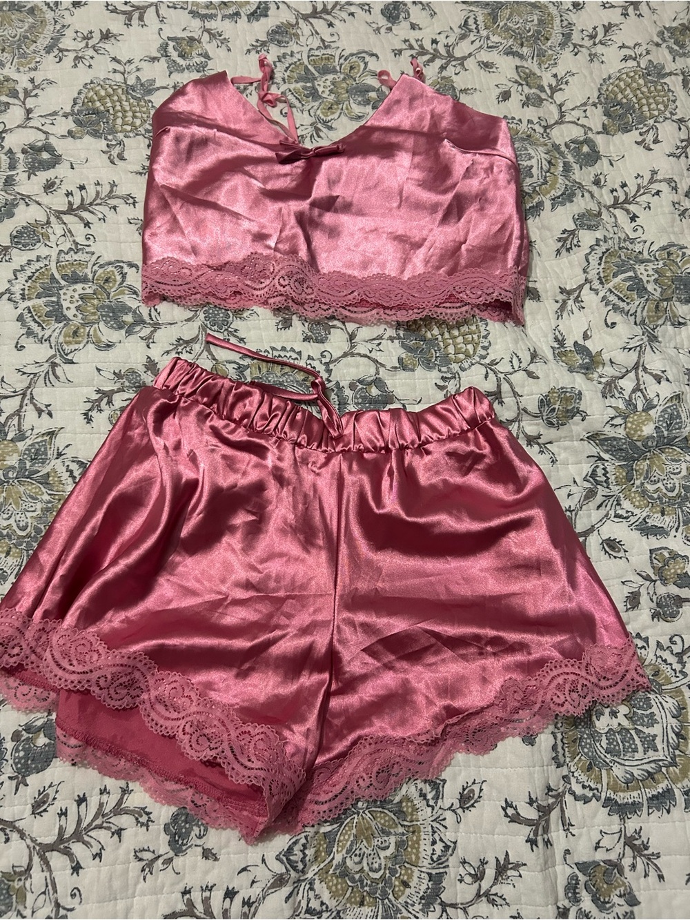 Fashion Nova Pink Satin Lace Cami & Short PJ Set